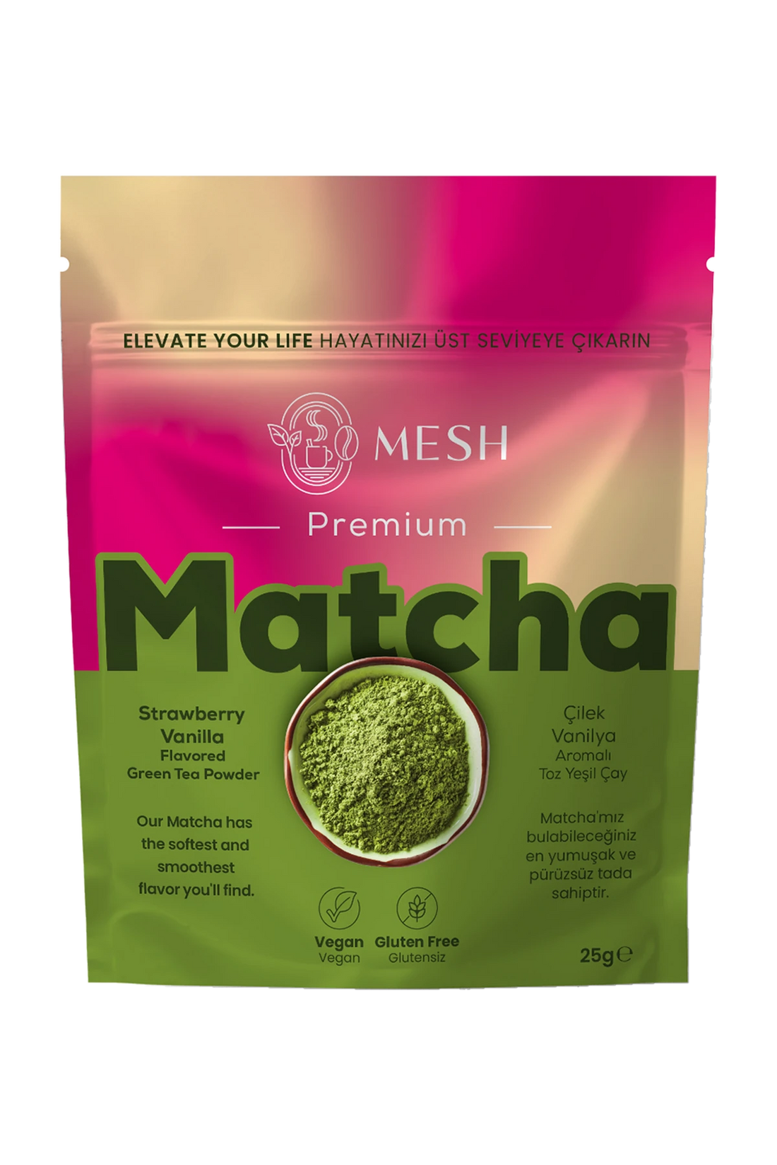Çilek Vanilya Aromalı Matcha, Mesh Matcha kilitli paketi