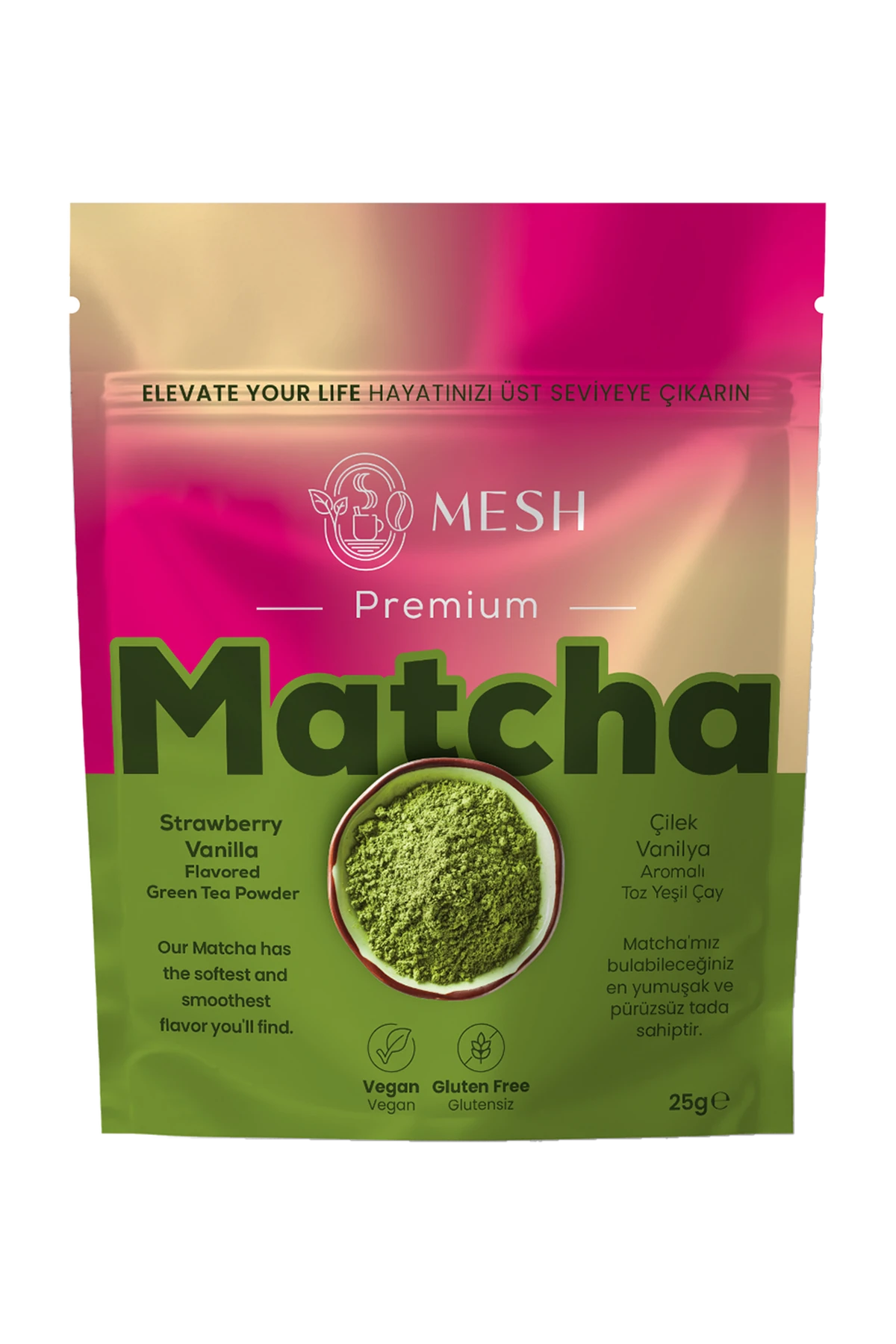 Çilek Vanilya Aromalı Matcha, Mesh Matcha kilitli paketi