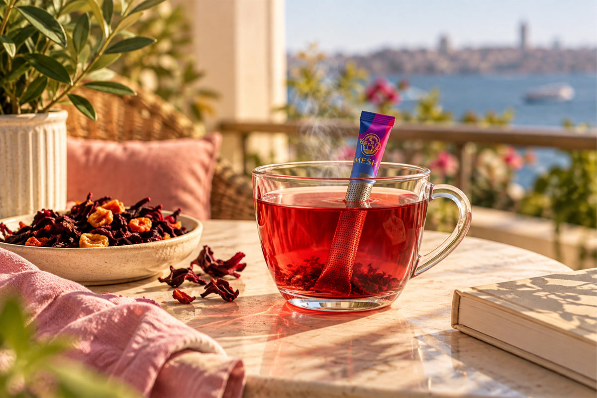Deniz manzaralı balkonda cam fincanda demlenen çay ve içinde Mesh Stick, yanında kurutulmuş çiçekler