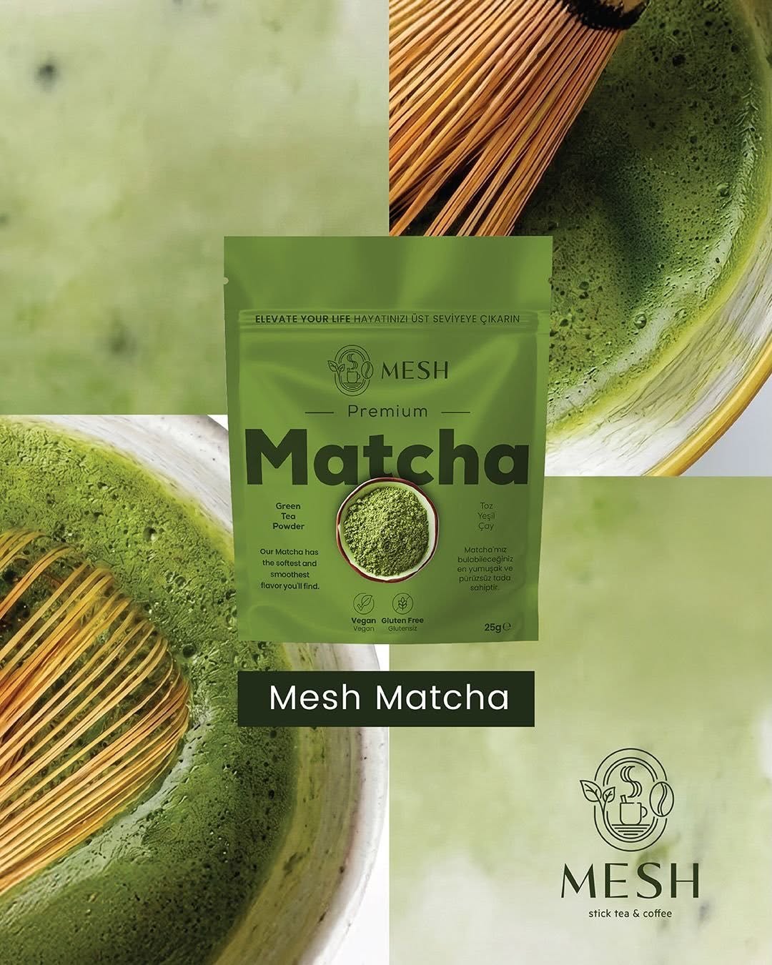 Mesh Matcha poşeti ve yanında matcha çırpıcısı