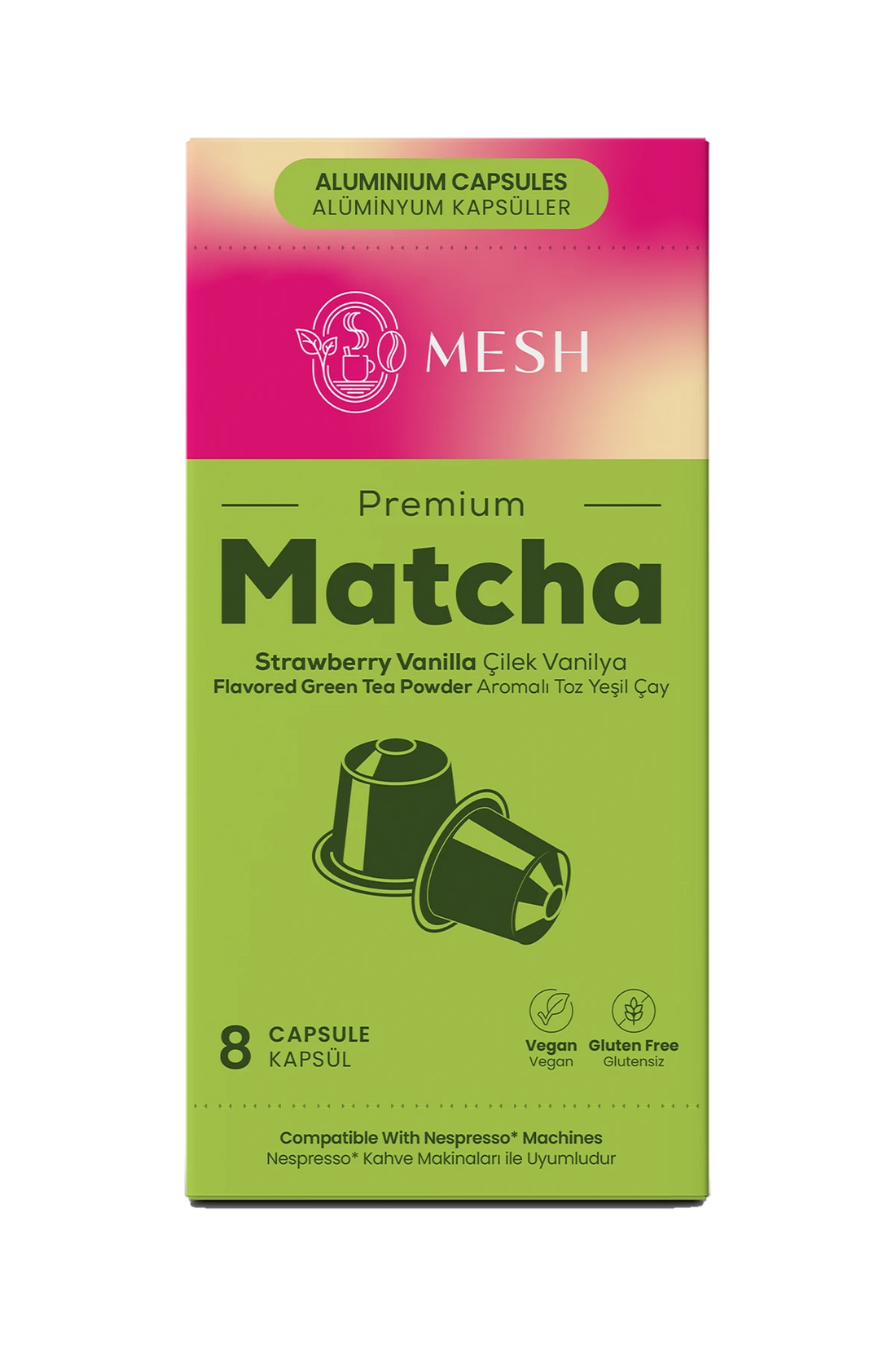 Çilek Vanilya Aromalı Matcha Kapsül, 8'li Mesh Matcha kapsül kutusu