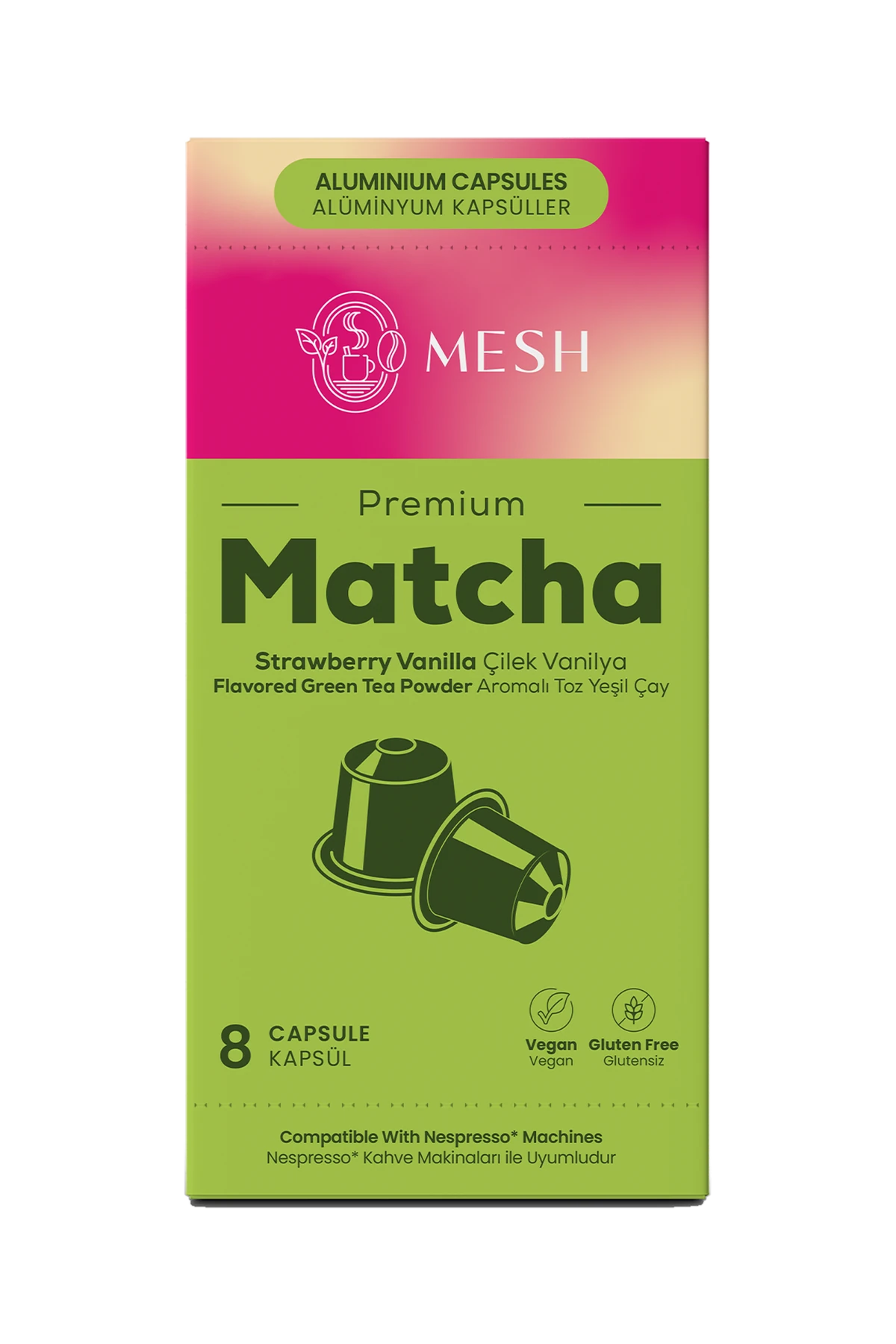 Çilek Vanilya Aromalı Matcha Kapsül, 8'li Mesh Matcha kapsül kutusu
