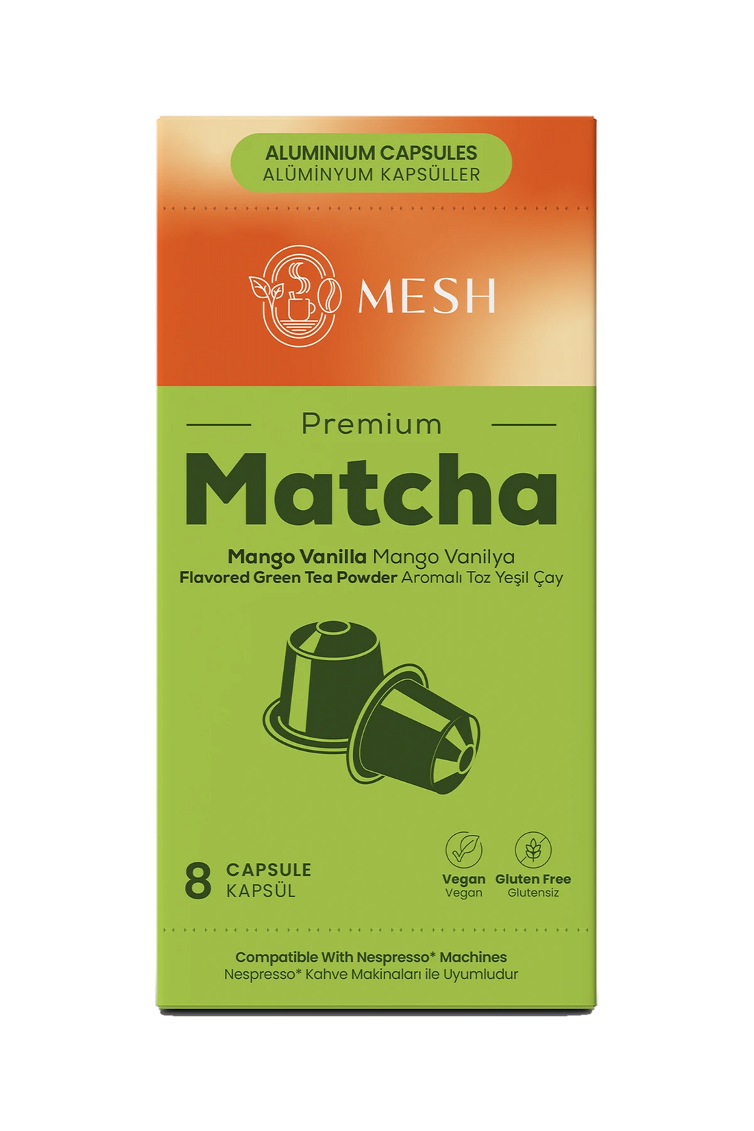 Mango Vanilya Aromalı Matcha Kapsül, 8'li Mesh Matcha kapsül kutusu