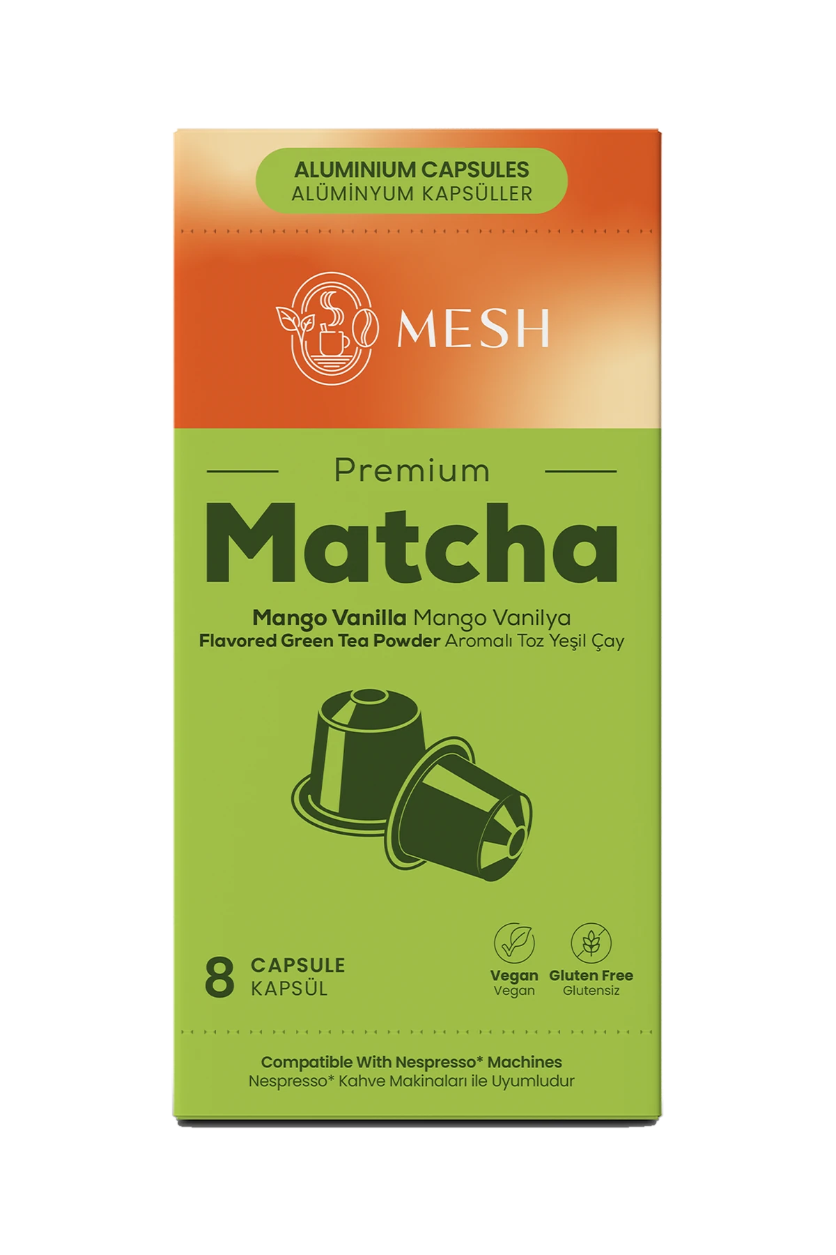 Mango Vanilya Aromalı Matcha Kapsül, 8'li Mesh Matcha kapsül kutusu