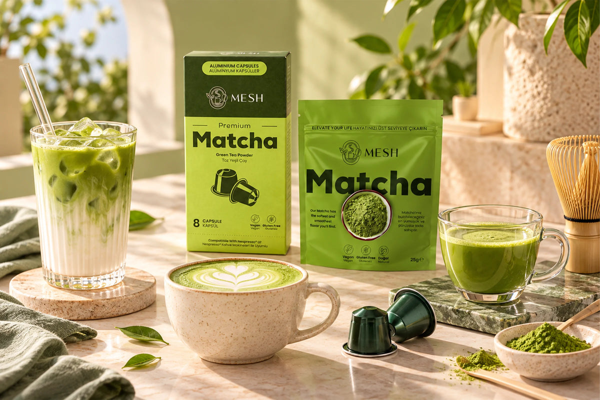 Aynı tozdan üç içecek: buzlu matcha latte, sıcak matcha latte ve sade matcha, yanında Mesh Matcha paketi ve kapsül kutusu