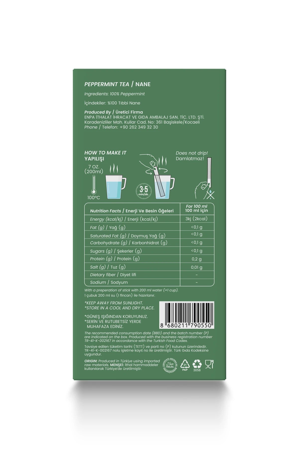 Nane Çayı kutusunun arka yüzü: hazırlanışı, içindekiler ve besin değerleri