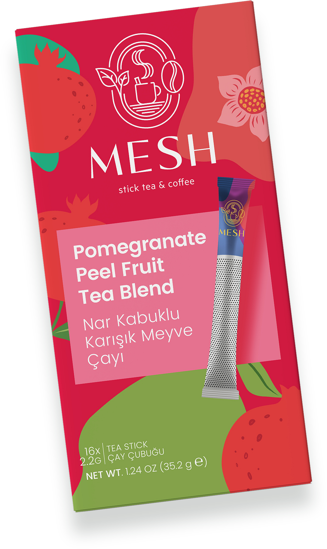 Nar Kabuklu Karışık Meyve Çayı Mesh kutusu, hafifçe yana eğik