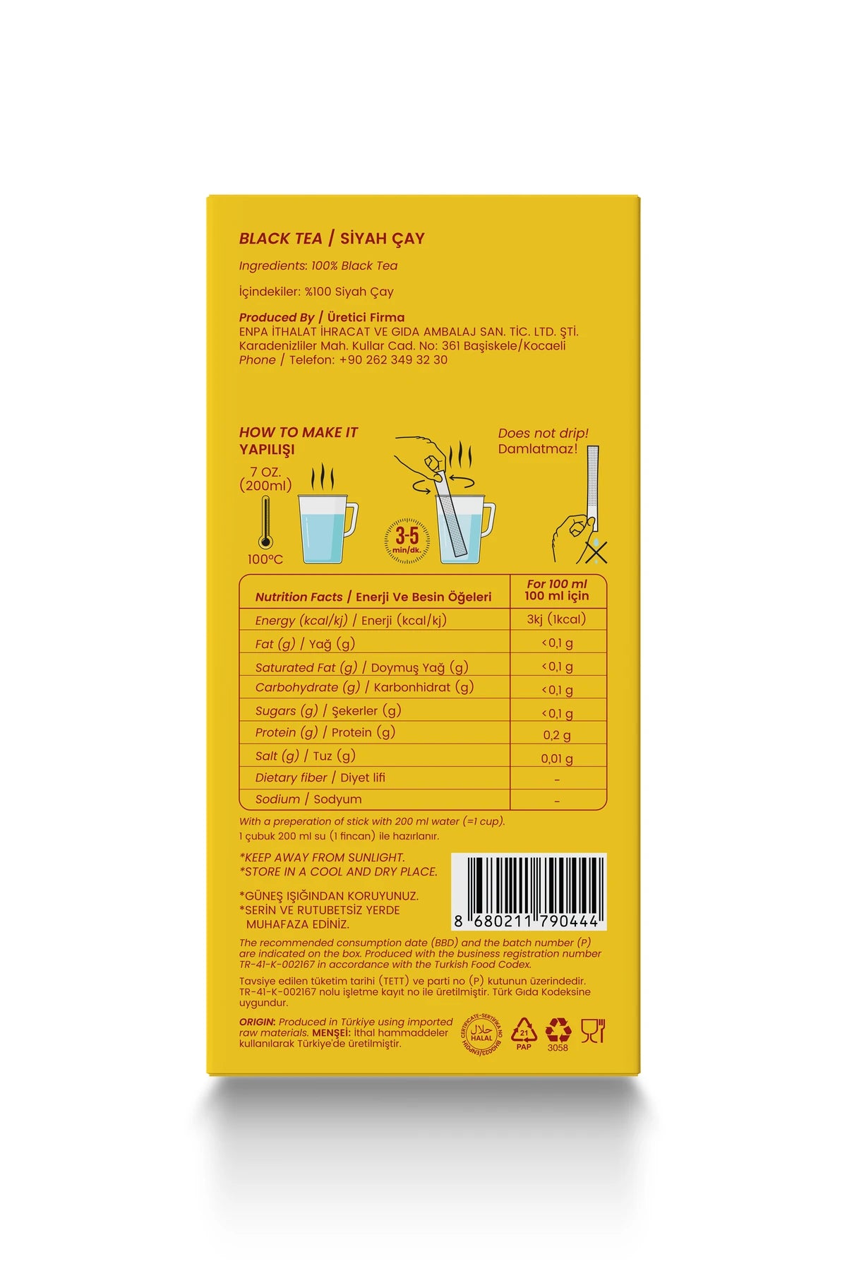 Back of the Black Tea box: preparation, ingredients and nutrition facts